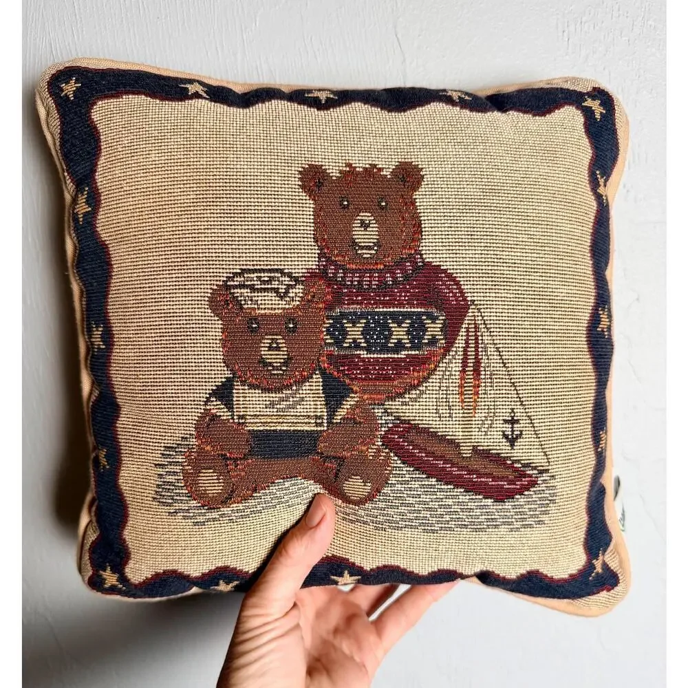 Vintage Riverdale Teddy Bear Tapestry Pillow Nautical Sailboat Americana Coastal
